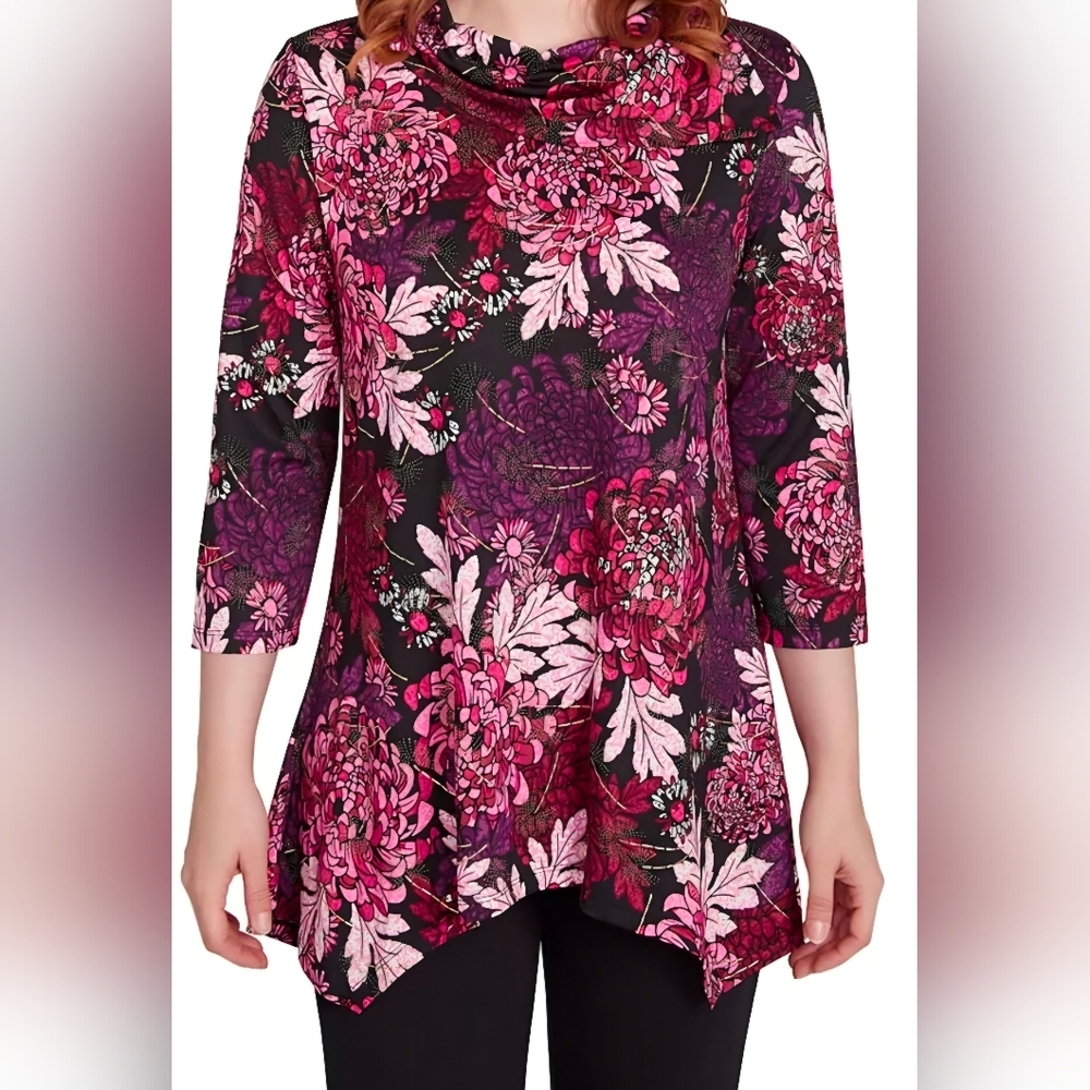 Ruby Rd Women's Split Cowl Neck Bold Blooms Dew Drop Printed Knit Sharkbite Top